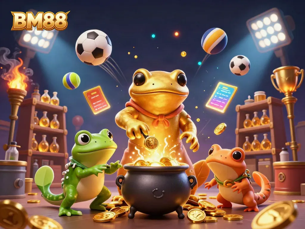 Experience thrilling BM88 gameplay with a golden alchemist and dynamic sports elements.
