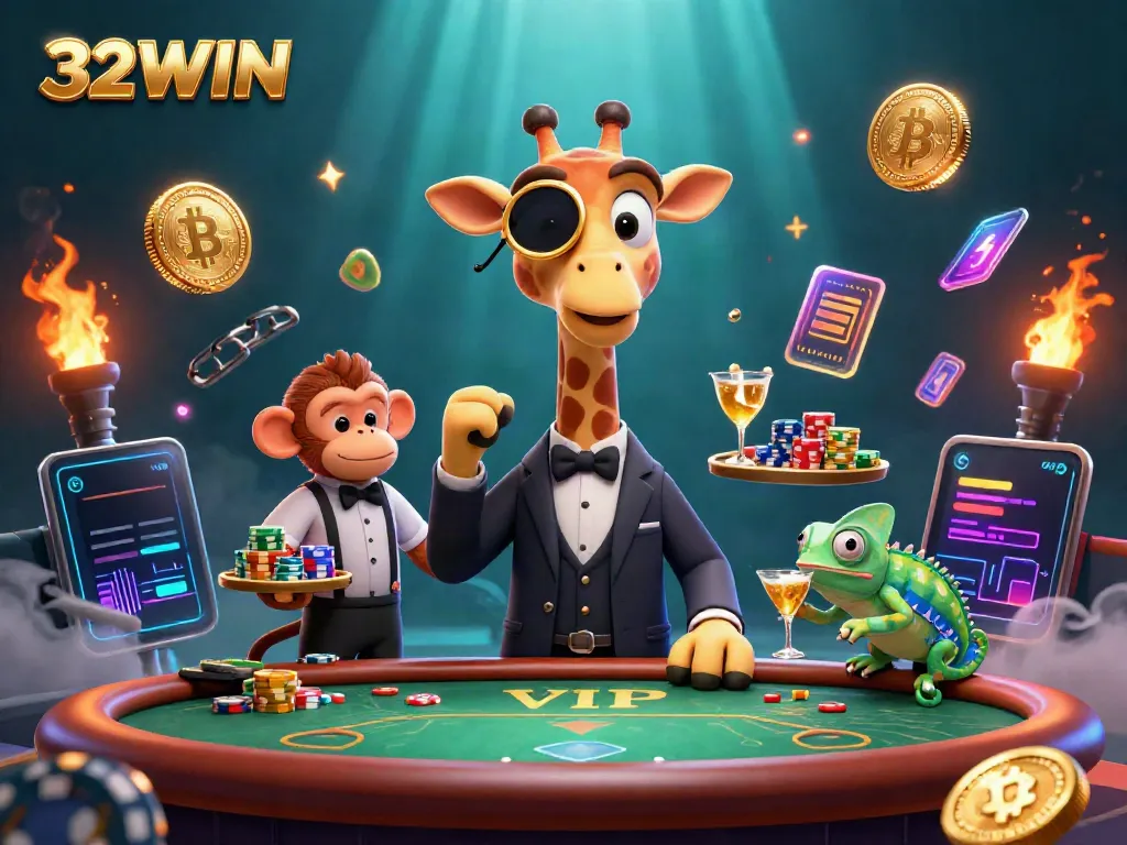 32WIN provides thrilling gaming with VIP giraffes and animated characters at a vibrant casino scene.