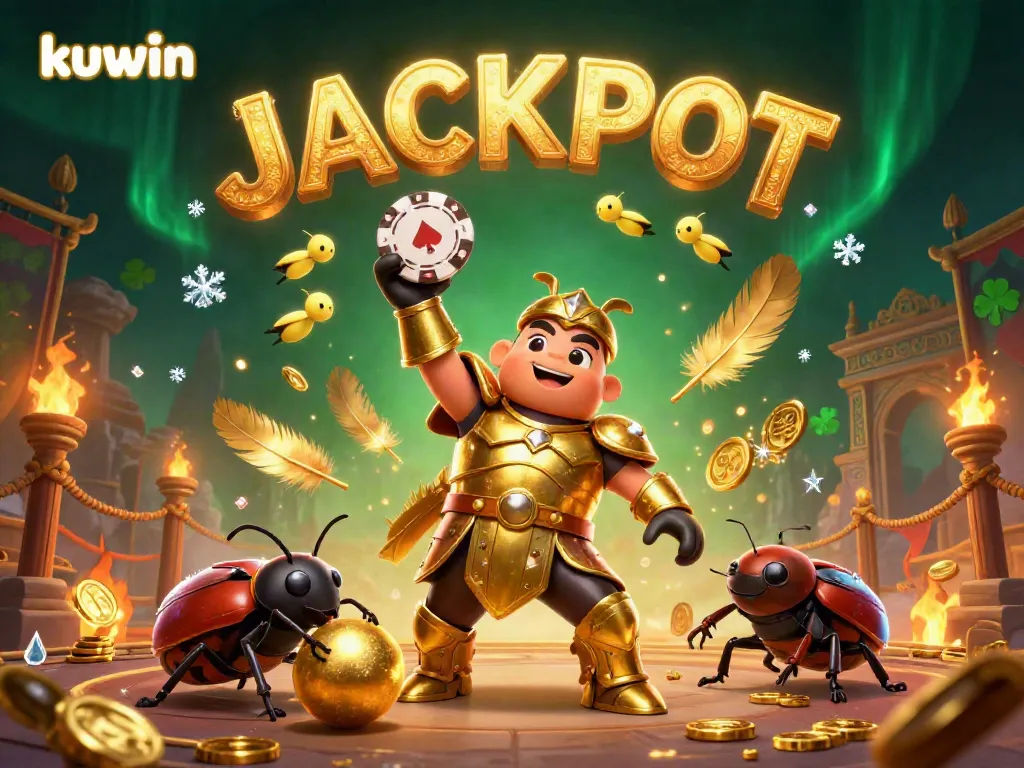 Kuwin's hercules beetle celebrates a victory with poker chips in a vibrant casino atmosphere, surrounded by dynamic game elements.