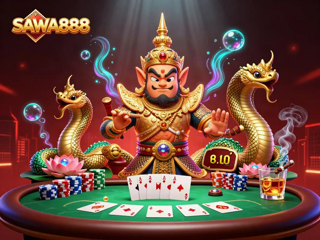 Engage in thrilling poker action with SAWA888 in vibrant 3D casino scene.
