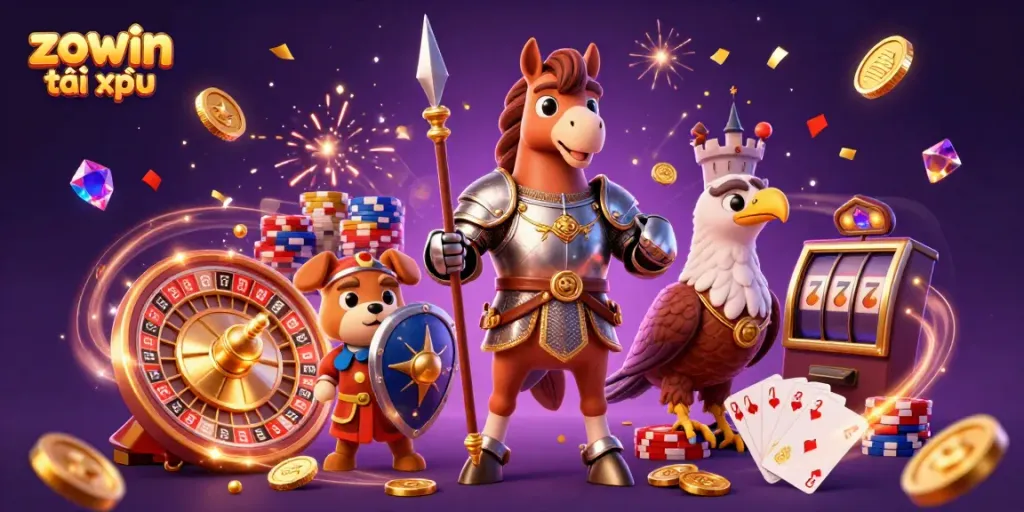 Experience excitement in zowin tài xỉu with thrilling gaming elements scattered throughout a vibrant scene.