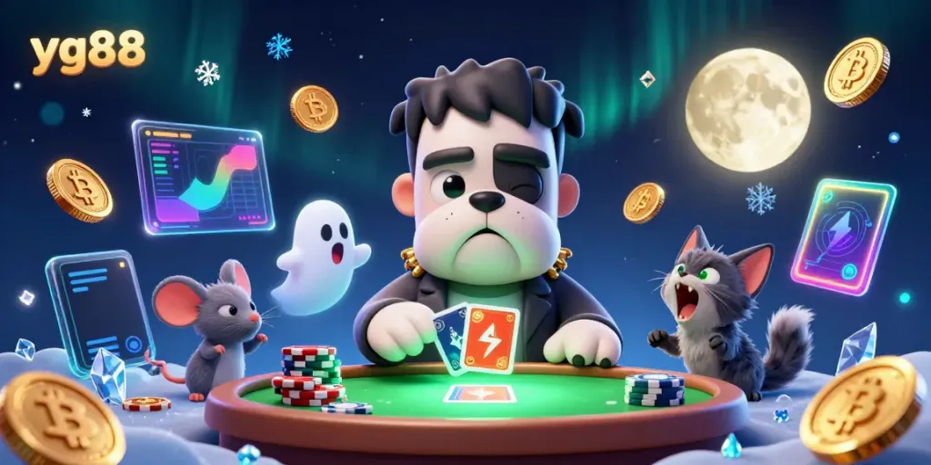 Engage in thrilling card games at yg88 with vibrant characters and crypto themed elements in a casino scene.