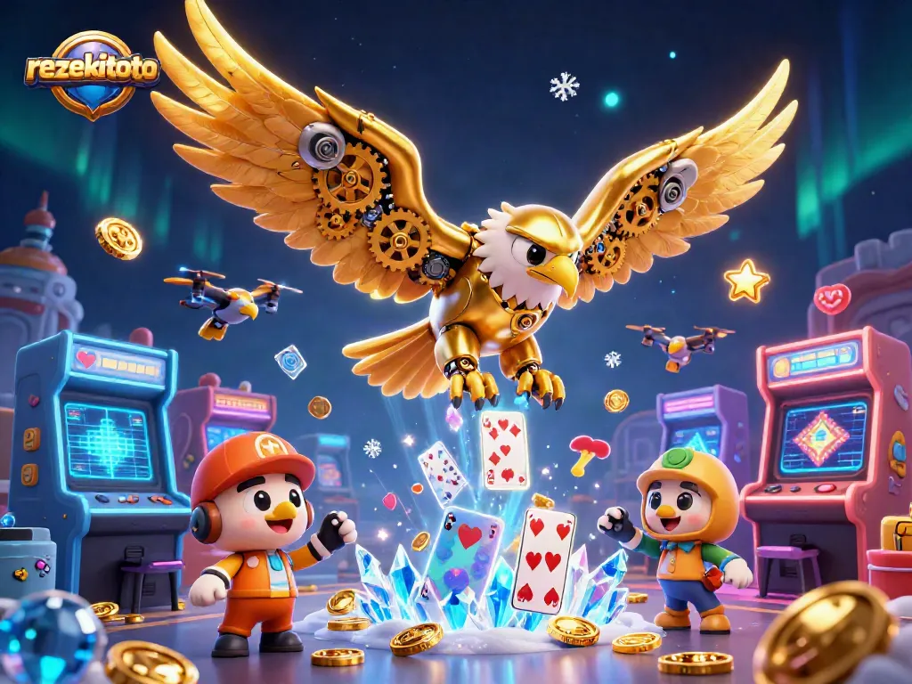 Experience rezekitoto excitement with a golden eagle soaring over holographic playing cards in a vibrant casino scene.