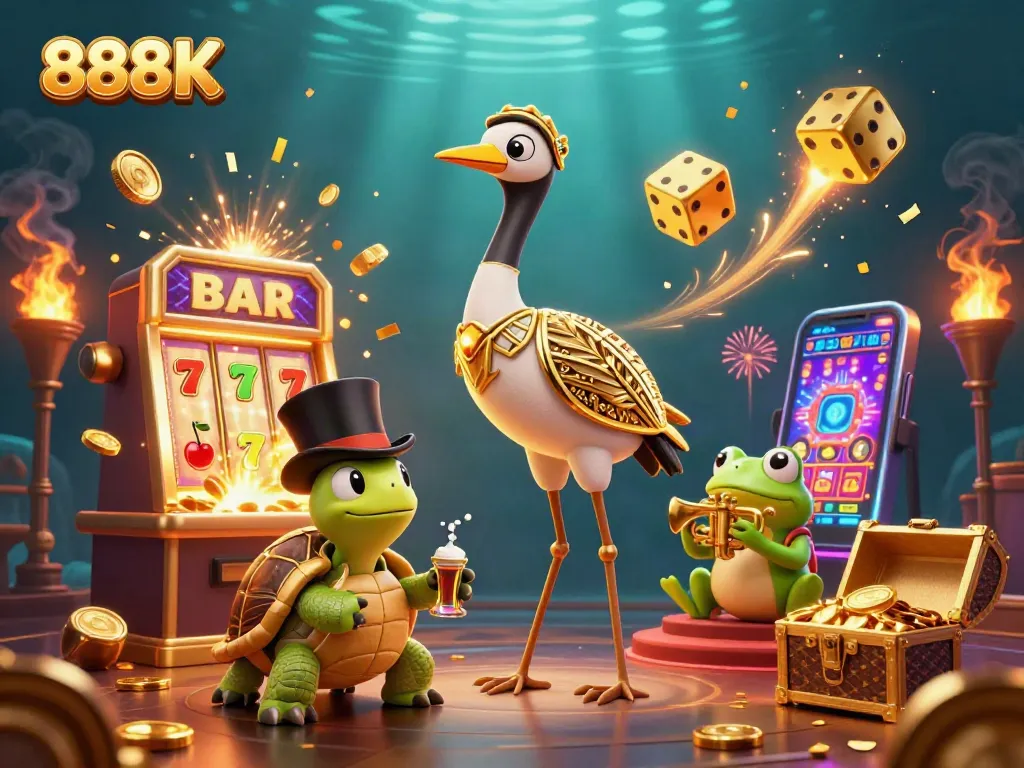 Experience thrilling action with 888K's bright jackpot explosion, slot machines, and unique characters.