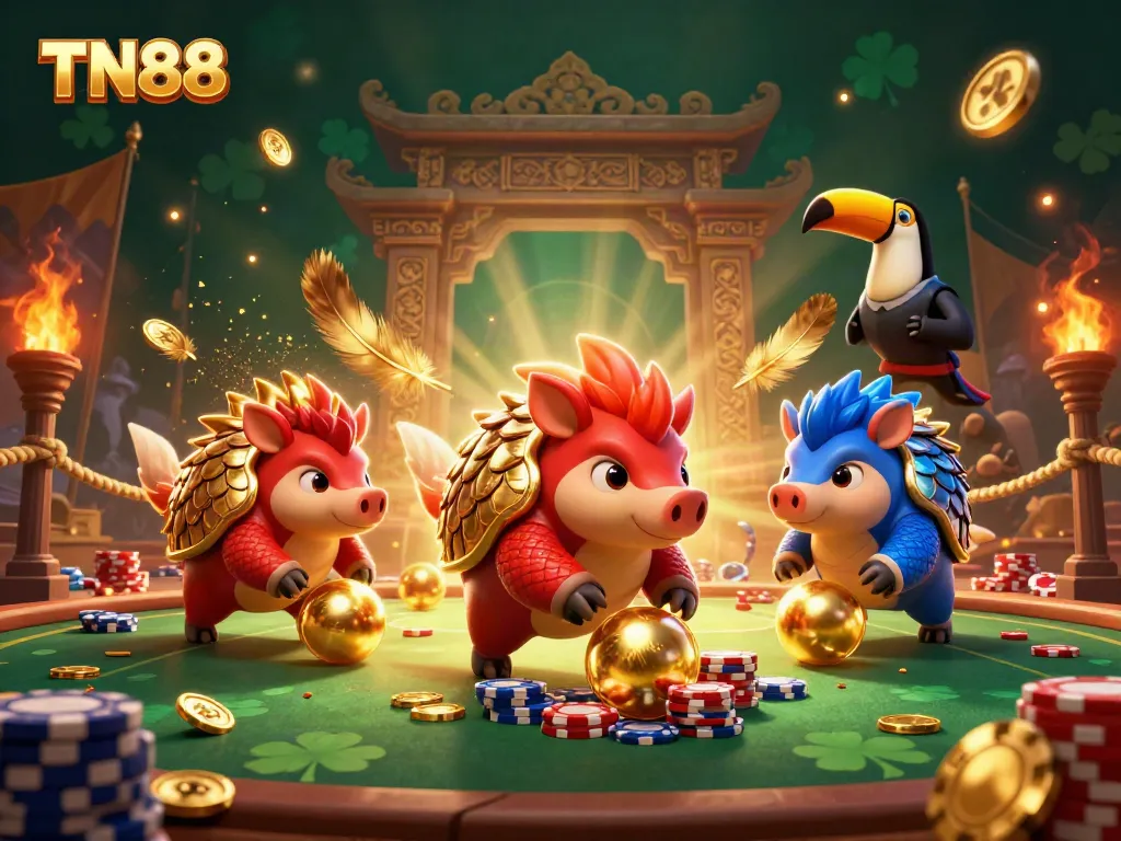 Engaging TN88 gambling scene with pangolins rolling poker chips in a festive arena.