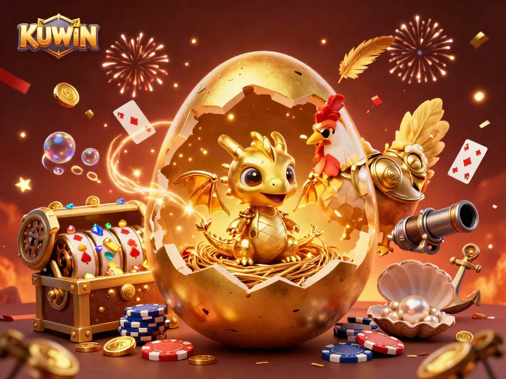 KUWIN offers thrilling slots with exciting jackpots, showcased in a vibrant 3D illustration.