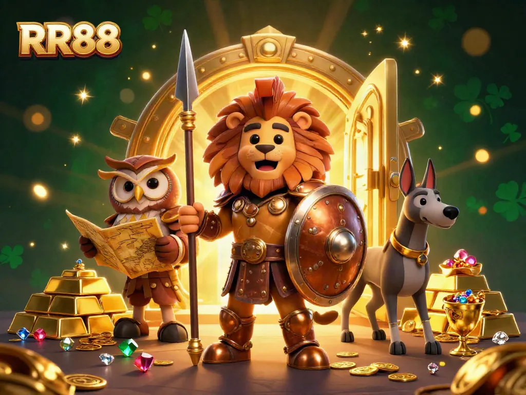 Engage with RR88's thrilling casino experience featuring a Spartan lion, an owl strategist, and a swift greyhound amidst golden treasures.