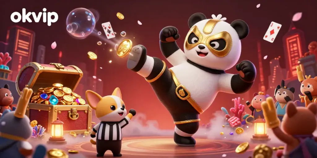 Experience thrilling moments with okvip, where a panda wrestler kicks amidst gleaming casino treasures.