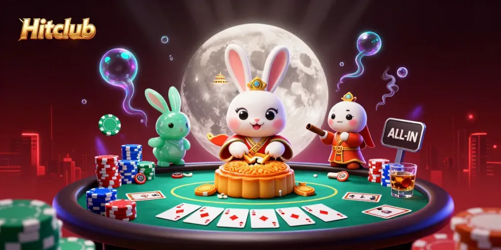 A thrilling Hitclub scene with a moon rabbit uncovering poker chips from mooncakes amidst vibrant game elements.