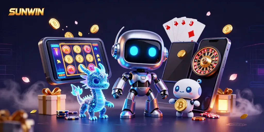 Experience the thrill of SUNWIN gaming with a vibrant fusion of characters and casino elements.
