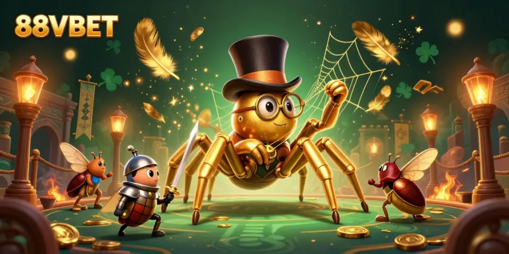 Experience the vibrant and thrilling world of 88VBET with its golden tarantula and brave knight in this dynamic illustration.