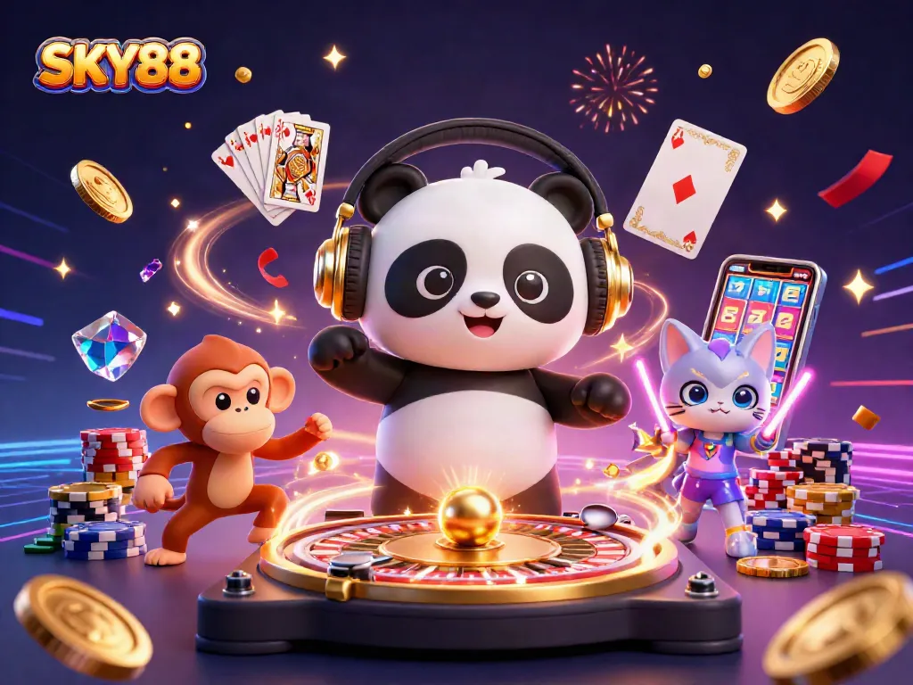 Experience the excitement of SKY88 with casino fun led by a DJ panda and vibrant characters.