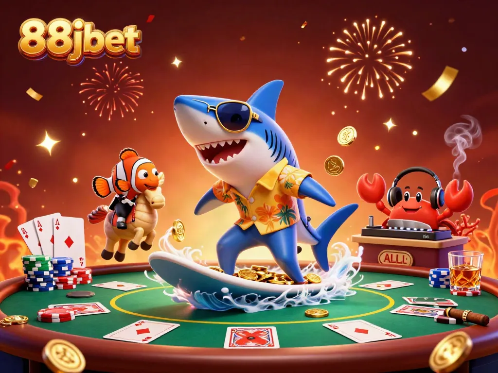 Engage with the thrilling 88jbet casino scene featuring a shark, clownfish, and crab amid vibrant poker elements.