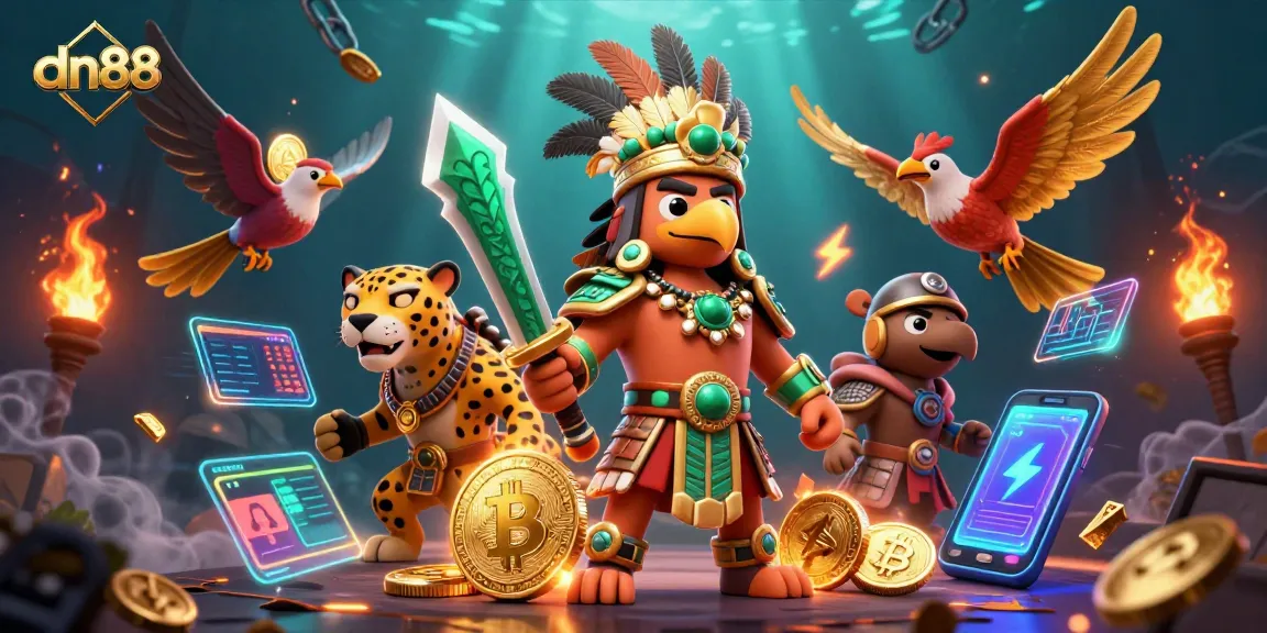 Engage in thrilling gameplay with dn88 featuring Aztec warriors, cryptocurrency coins, and neon effects.