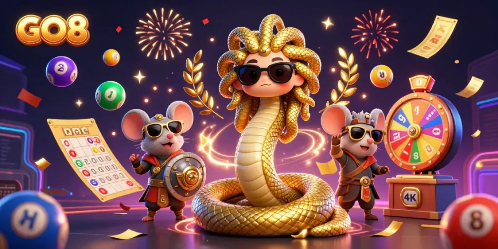 Engage in vibrant GO8 gaming with Medusa and a warrior mouse amid lottery excitement.