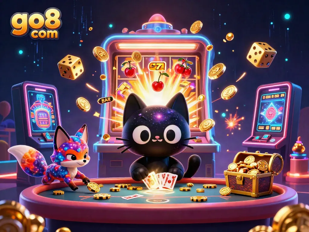 Experience the thrilling action at go8 com with a vibrant cosmic casino scene featuring a cartoon black hole cat and colorful fox.