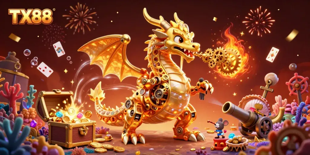 Engage in thrilling gaming at TX88, where a golden dragon breathes gears amidst vibrant casino elements.
