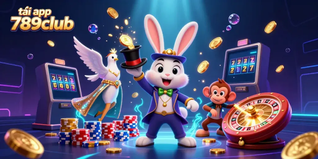 Engage with the vibrant action of tải app 789club featuring a magical rabbit, dove, and monkey in a casino setting.