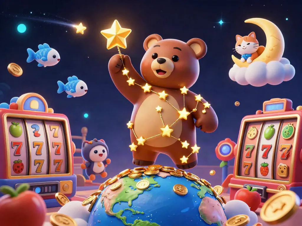 Kkwin game experience featuring a constellation bear scooping coins in a lively casino, showcasing slot reels and dynamic elements.