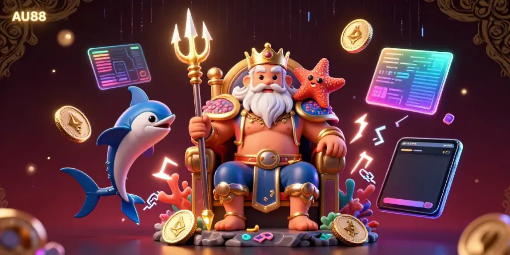 Experience exciting gaming with AU88 featuring Neptune and vibrant cryptocurrency elements.