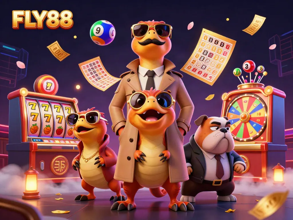 FLY88 offers exciting online casino action with raptors in a trench coat at a VIP lounge.