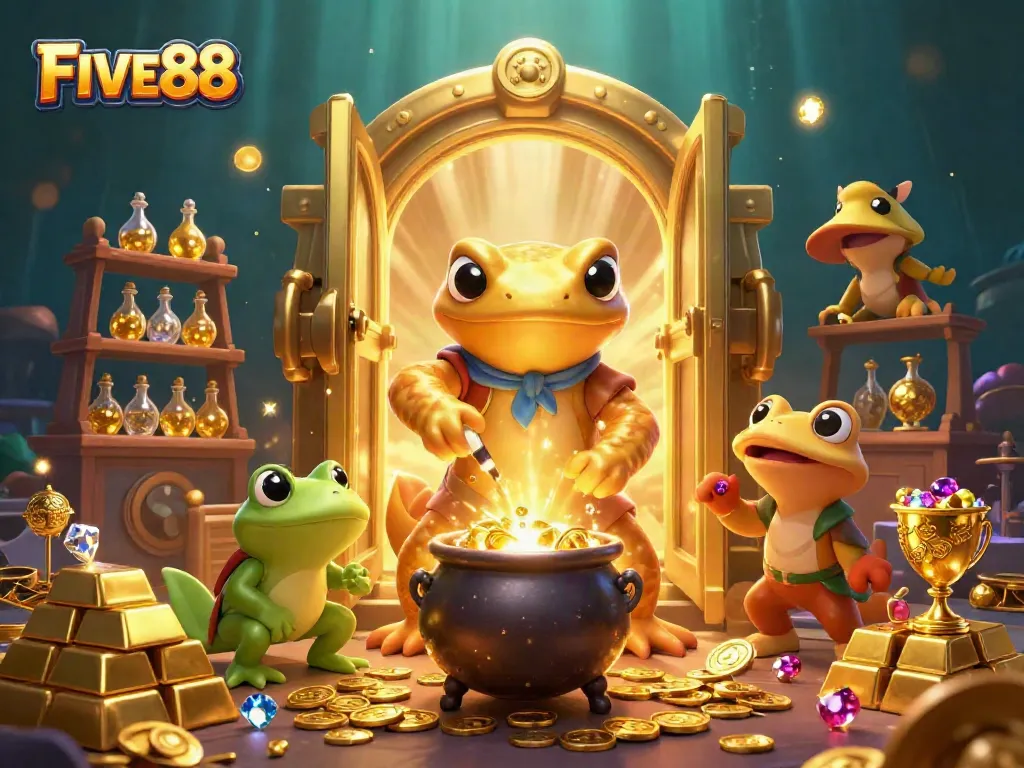 Experience the magic of FIVE88 with vibrant gameplay elements and rich visuals in this casino-themed illustration.