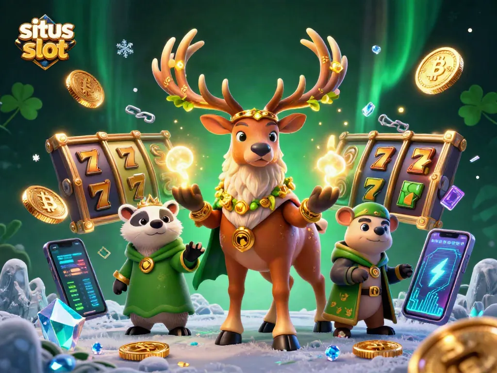 Situs slot themed illustration depicting a Celtic druid stag and wise badger amidst dynamic slot game symbols and crypto elements.