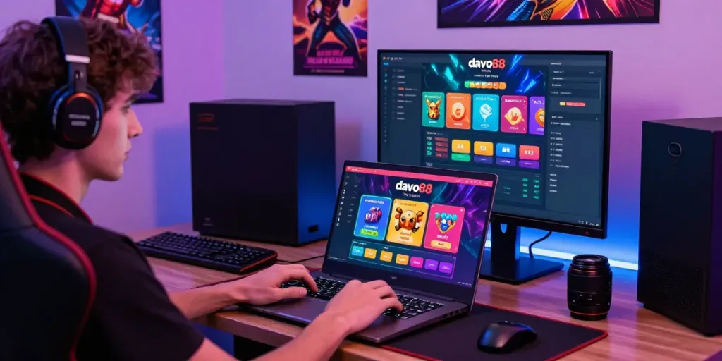 Engaging scene of a user playing on the davo88 togel online platform with vibrant gaming graphics and modern setup.