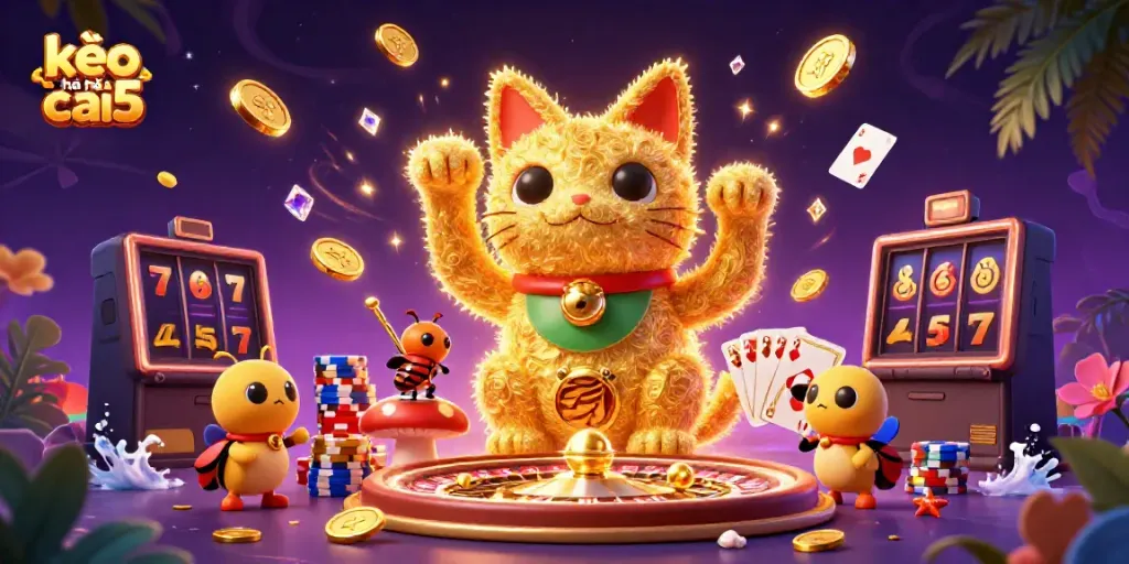 Play games with kèo nhà cái 5, featuring a giant lucky cat made of fireflies guiding casino elements.
