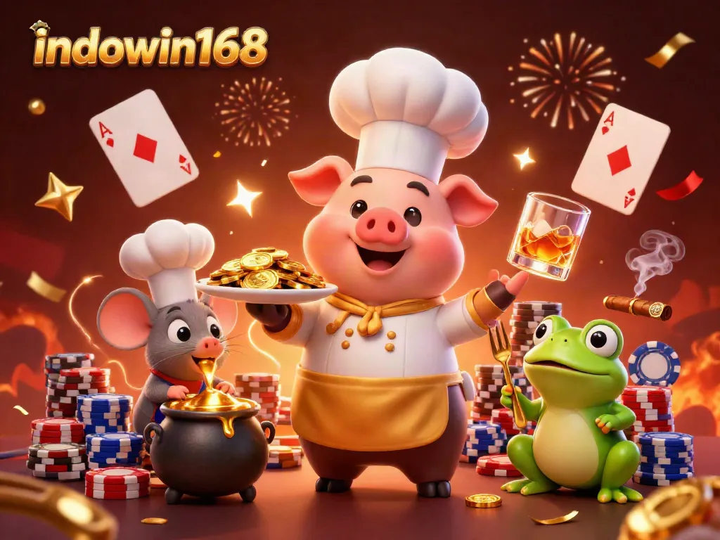 Betting excitement at indowin168 with cartoon chef pig and friendly characters celebrating with poker elements.