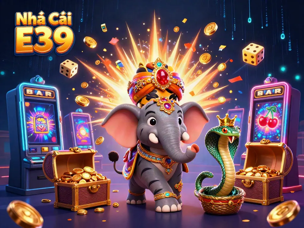 Experience the vibrant atmosphere at Nhà Cái E39 with colorful casino elements and winning symbols.