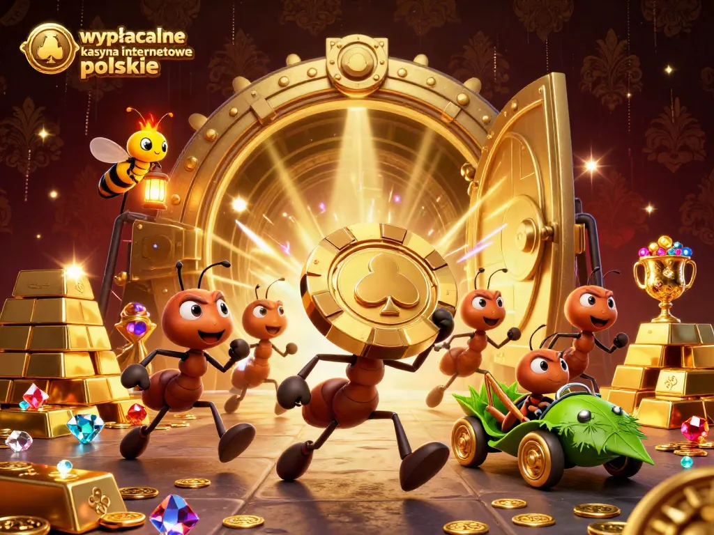 Join the heist with a team of ants in "wypłacalne kasyna internetowe polskie" illustration showcasing rich casino treasures.