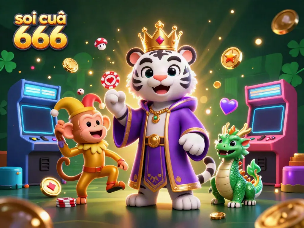Visualize strategy with Soi Cầu 666, featuring a majestic tiger, playful monkey, and jade dragon amid casino games.