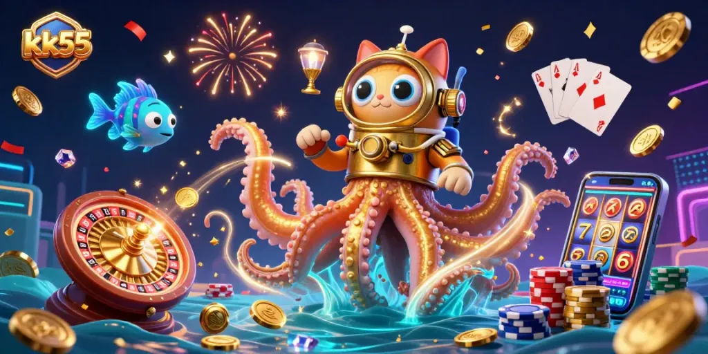 Experience the thrill of kk55 with a colossal kraken, diving cat, and dynamic casino elements.