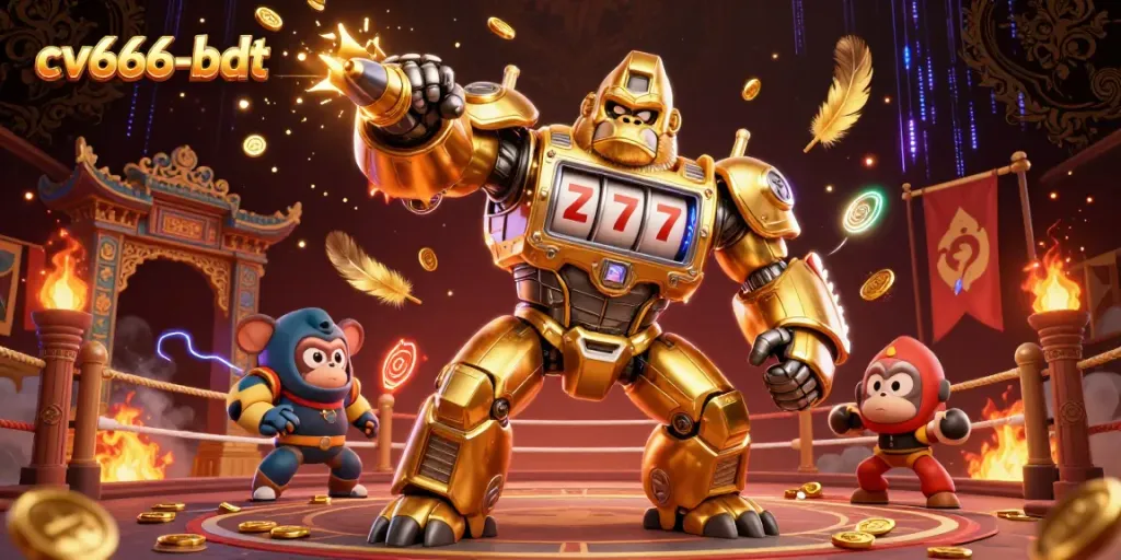 Experience the thrill of cv666-bdt with a golden gorilla mech amidst a lavish casino scene.