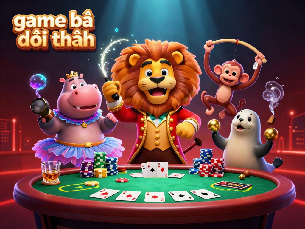 Dive into gaming action with game bài đổi thưởng featuring lively circus characters amidst colorful poker elements and an energetic atmosphere.