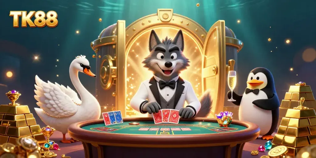 Experience excitement at TK88 with a lively scene of card dealing and celebrations.