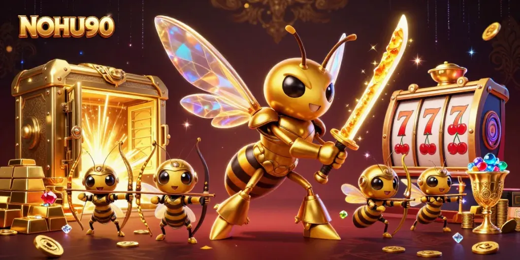 Engage in thrilling jackpots with NOHU90, surrounded by golden treasures and vibrant casino elements.