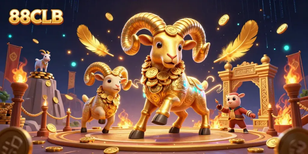 88CLB features a dynamic 3D golden ram charging through a grand casino scene filled with tokens and vibrant elements.