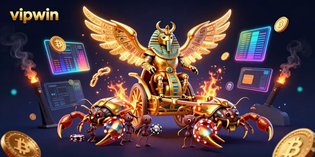 Engage with vipwin's captivating gaming experience featuring a majestic golden scarab beetle and glowing crypto coins.