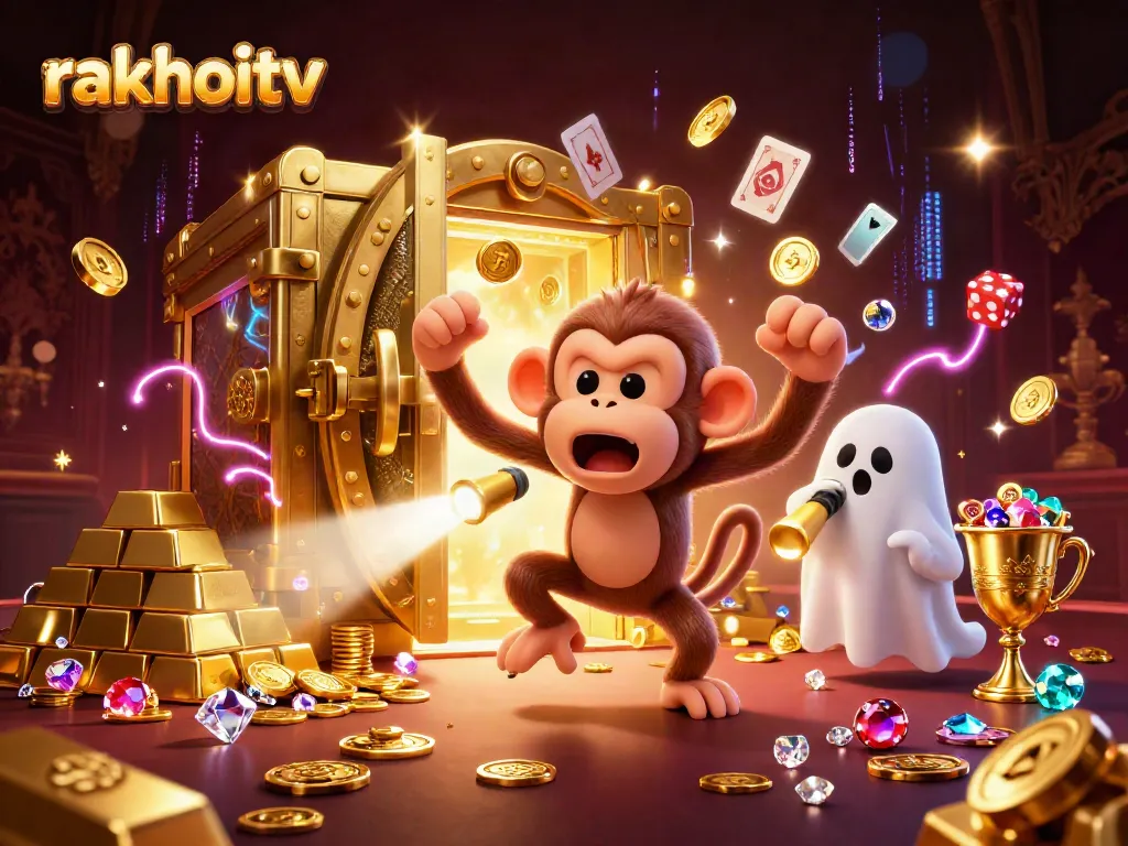 Watch the playful rakhoitv poltergeist monkey juggling at a haunted casino filled with treasures.