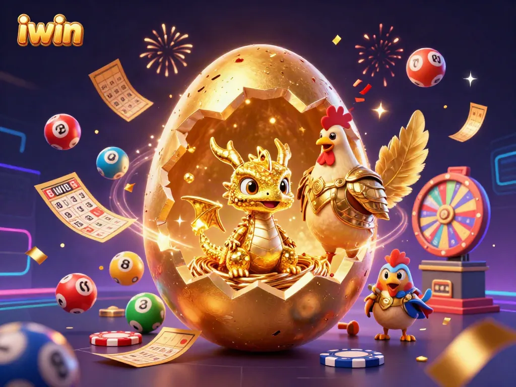 Engage with iwin's vibrant world featuring a golden dragon on poker chips amidst a fun gambling atmosphere.