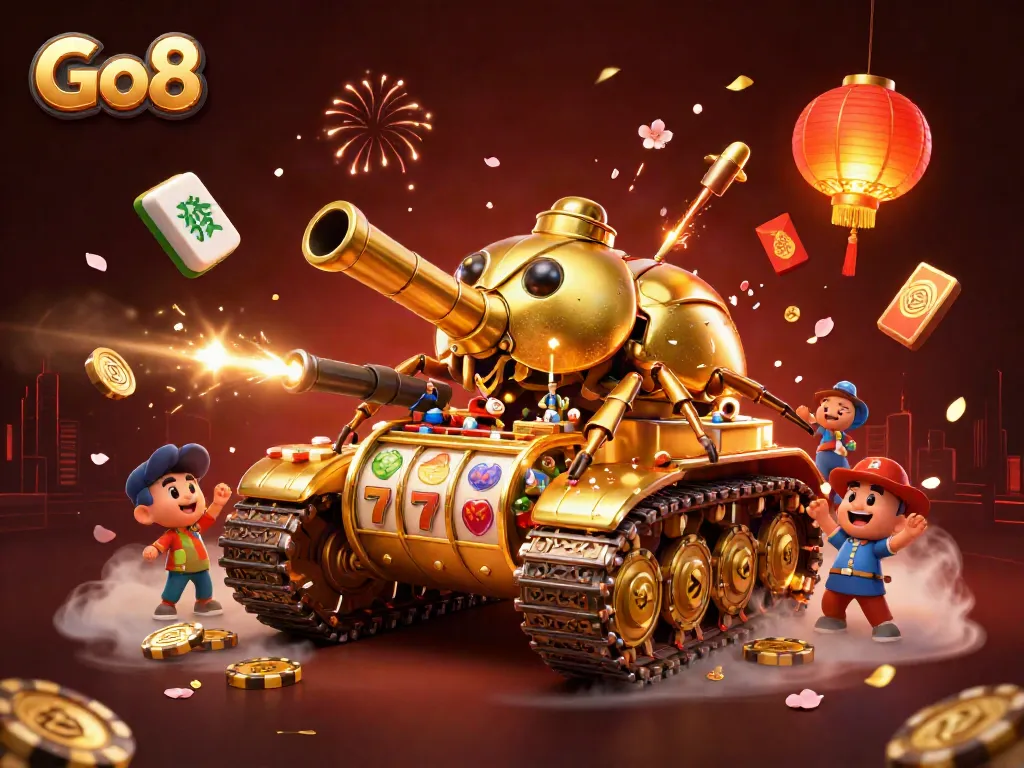Experience thrilling gameplay at Go8 with an exquisite 3D digital casino scene featuring vibrant slots and lucky charms.