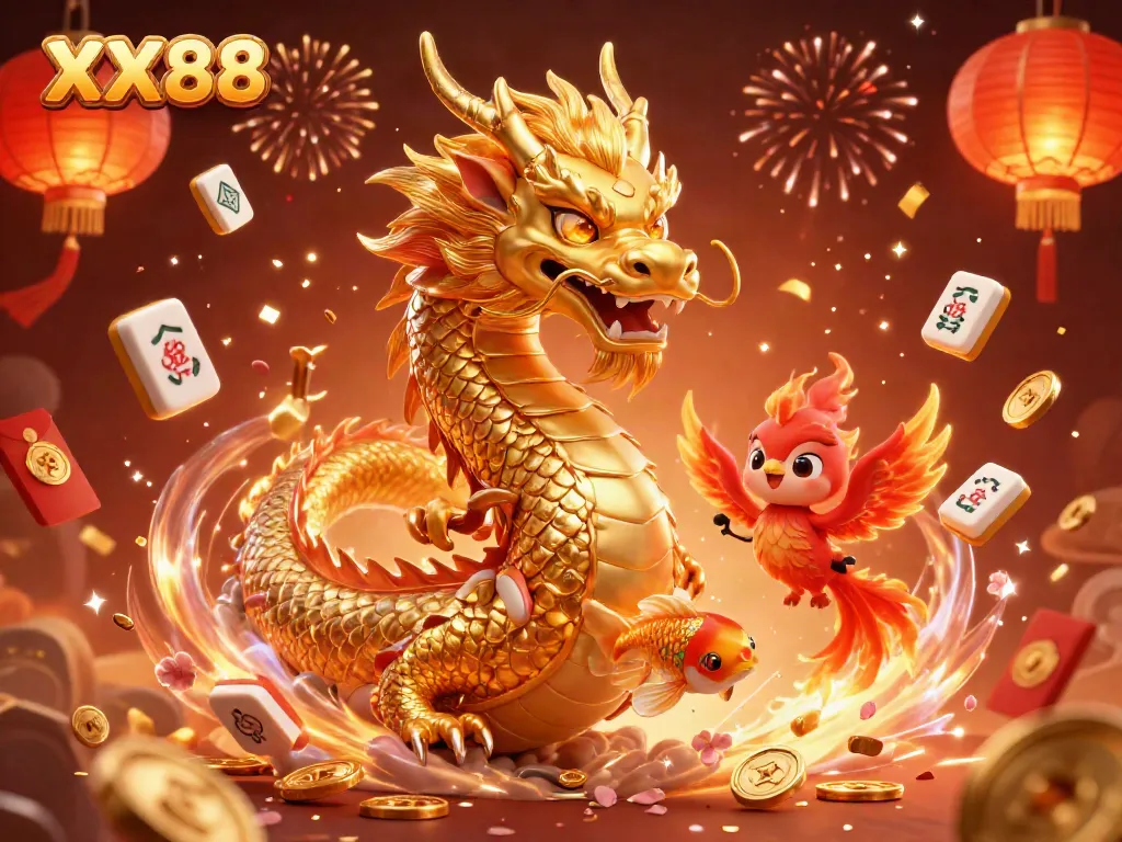Experience the vibrant world of XX88 with a golden dragon and dynamic casino elements.