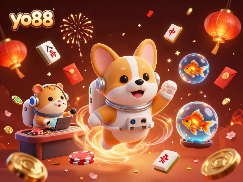 Engage with yo88 in a vibrant casino scene featuring an astronaut corgi and a mission-control hamster.