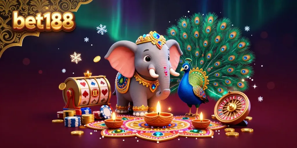 Experience dynamic gameplay at bet188 with a colorful elephant, peacock, and casino elements.
