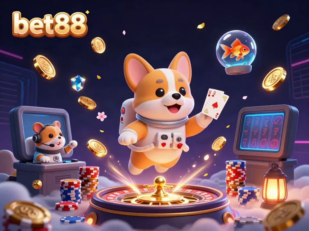 Experience the excitement of bet88 with a 3D cartoon astronaut corgi in a vibrant casino filled with cascading coins.