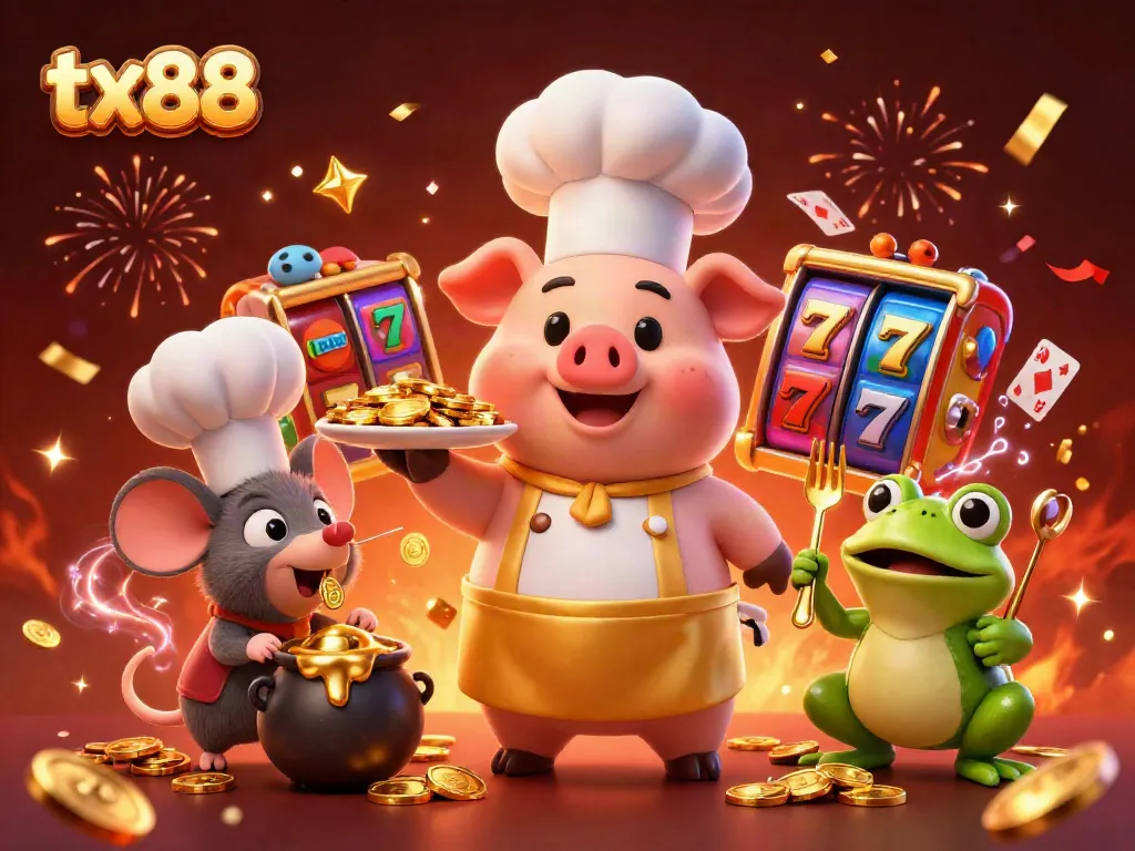 Engage with tx88 slots, featuring gold coins and vibrant game symbols in a festive 3D scene.