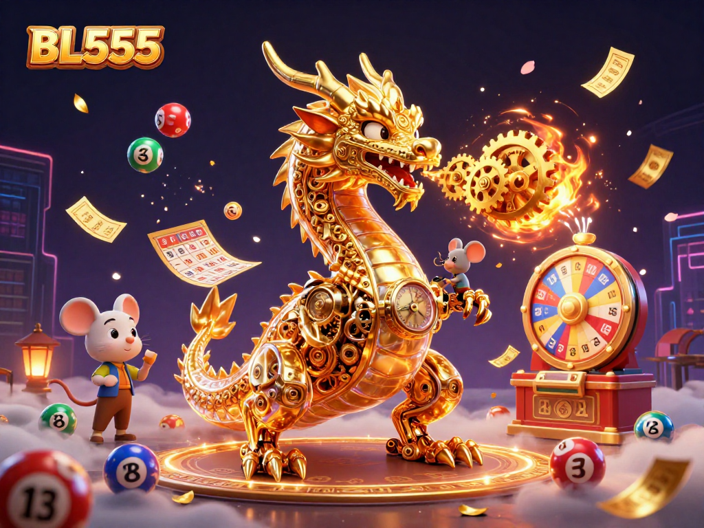 Experience thrilling games at BL555 with a golden dragon and lottery elements illustrated dynamically.