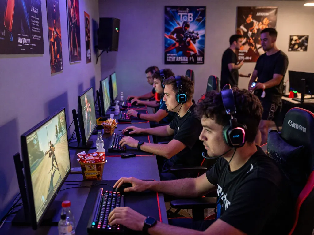 Vibrant gaming community scene featuring players engaged in warung168 FPS combat.